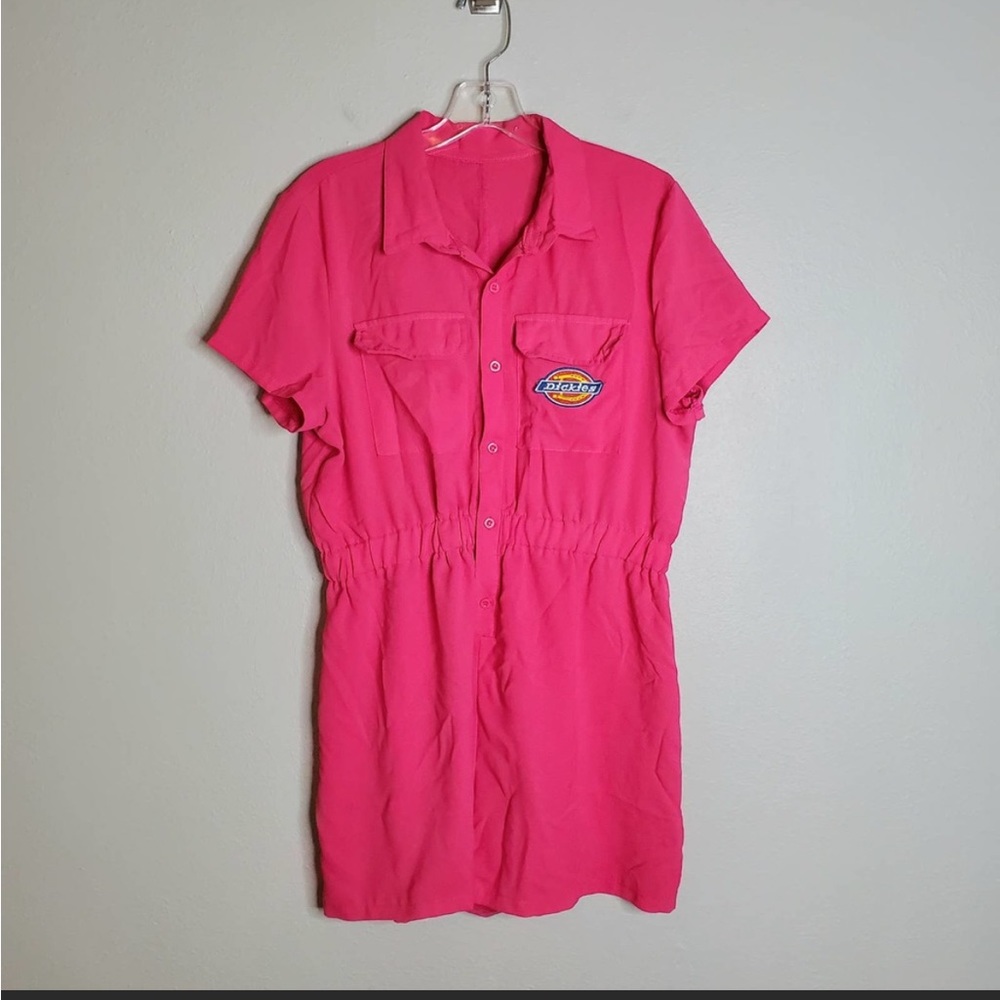 Dickies Big Logo Patch Hot Pink Romper Size XL One Piece Shorts Jumpsuit